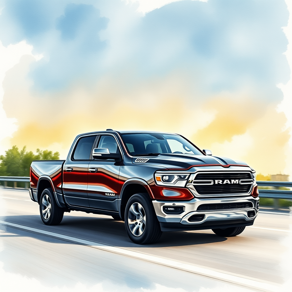 2026 RAM 1500 LoneStar Driving on an Indiana Highway in watercolor