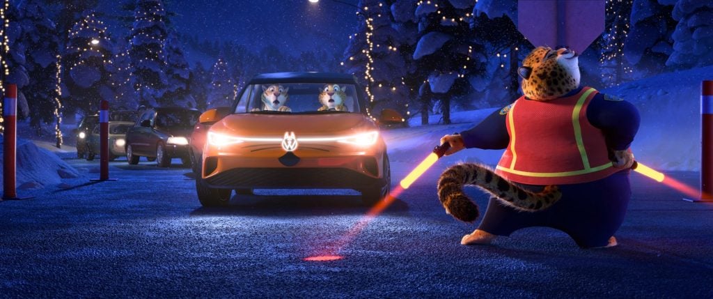 Characters drive a Wolfwagen vehicle in the new Disney Zootopia 2 Movie