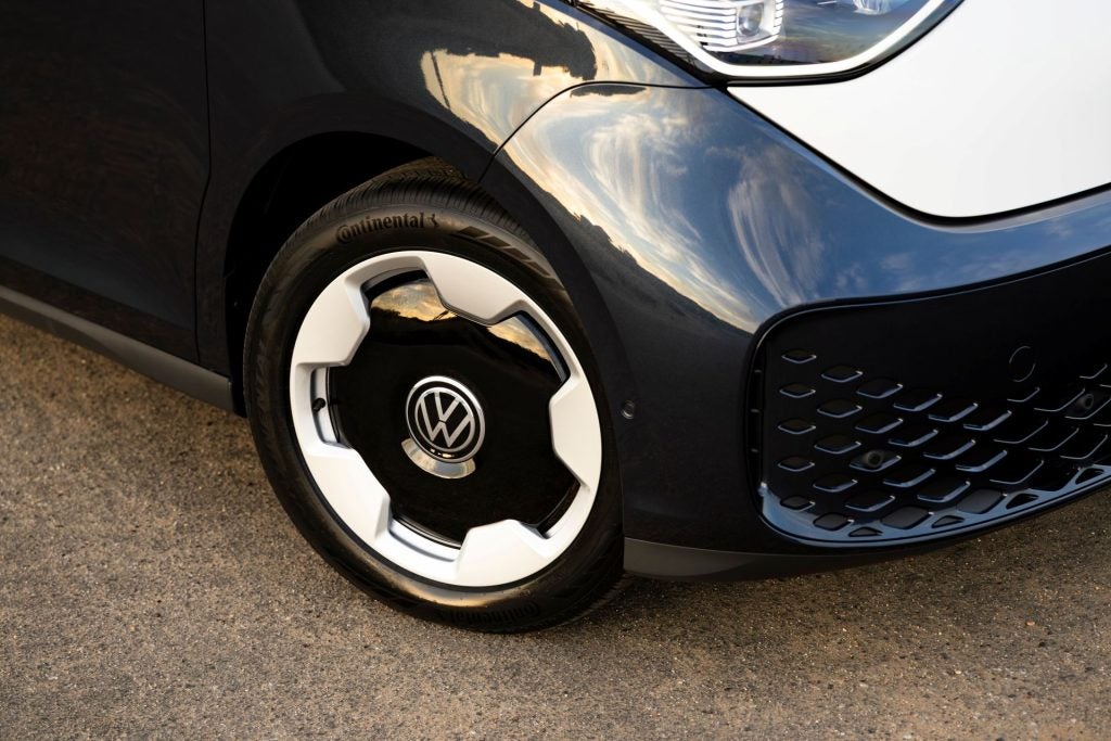 The Sleek Black And White Wheel Of The Fashionable Volkswagen ID. Buzz