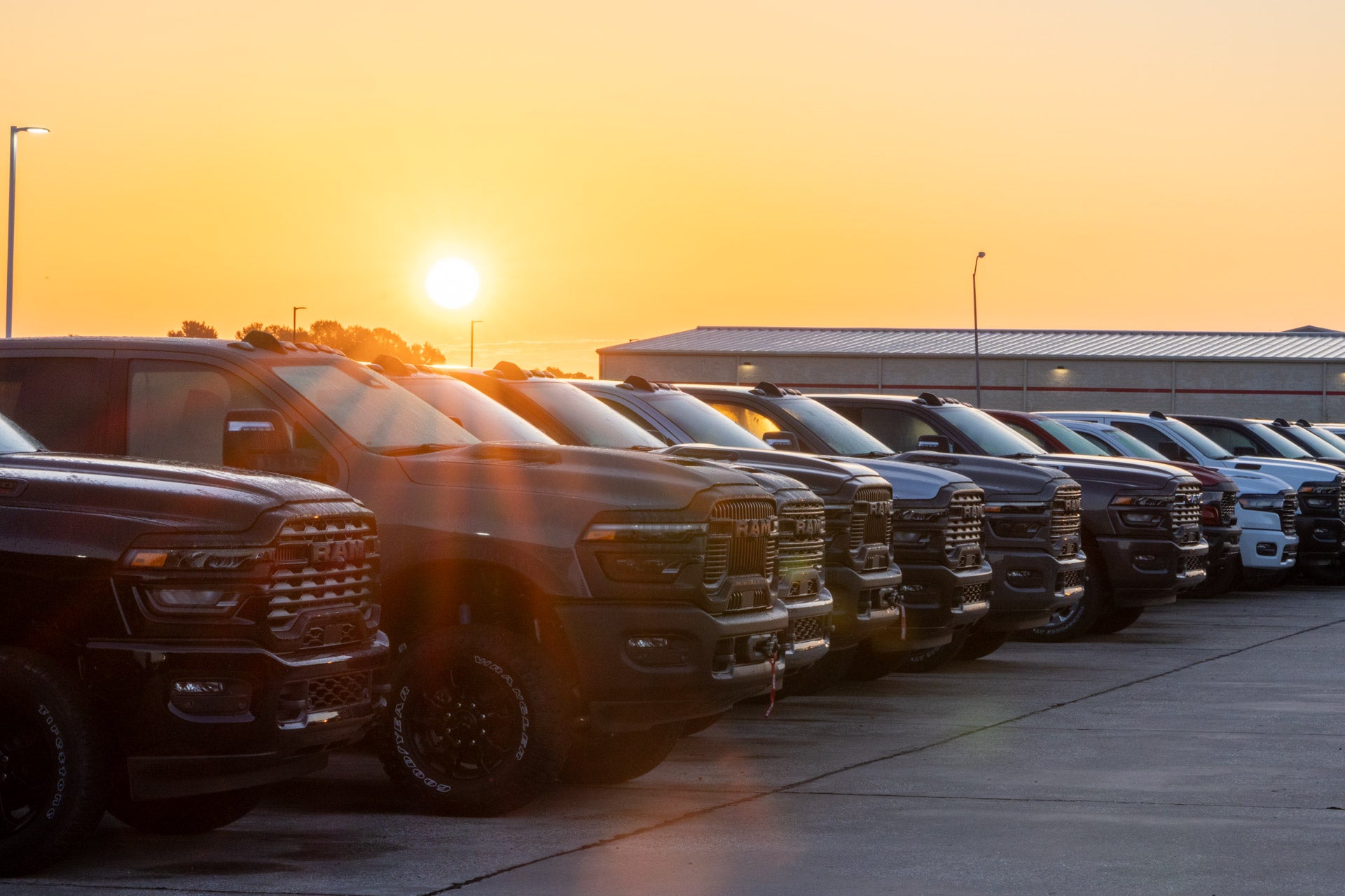 A row of Ram pickup trucks backlit by a golden sunrise/sunset, with the sun low on the horizon behind them.
