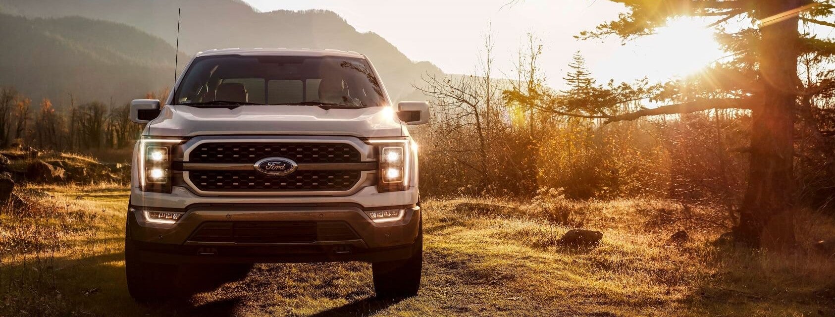 A new white 2021 Ford F-150 with headlights on in a very diverse landscape with mountains in the background.
