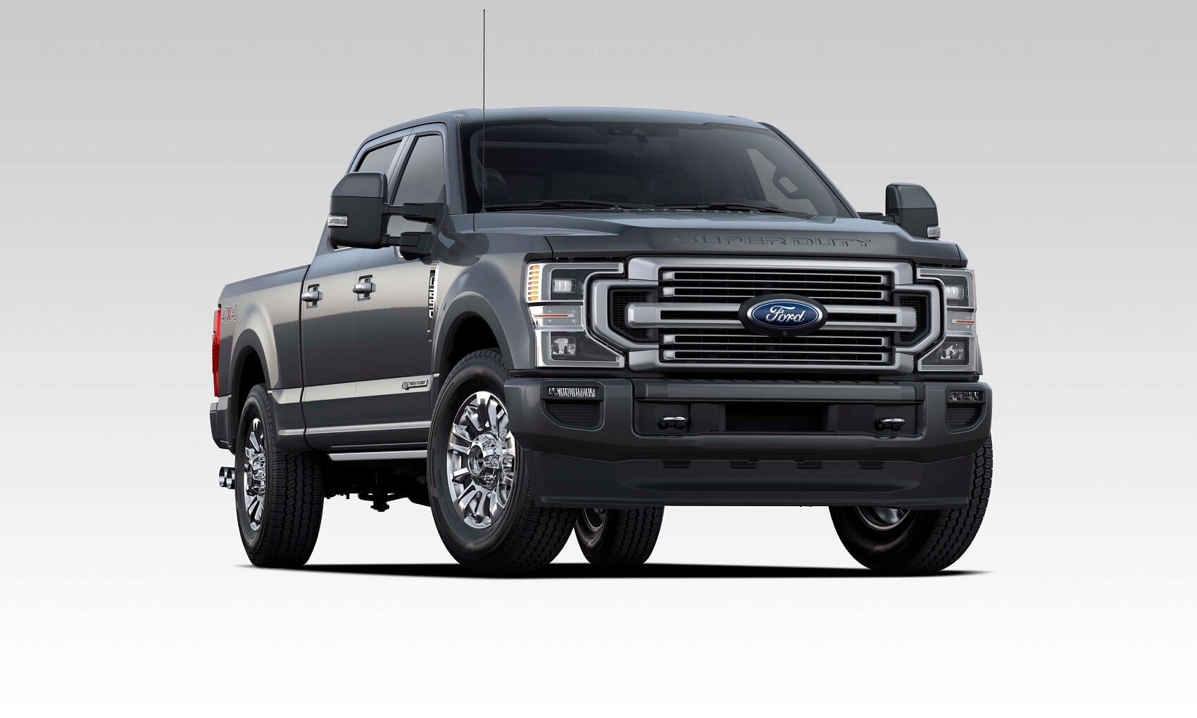A new grey 2021 Ford Super Duty F-250 against a grey and white gradient background.