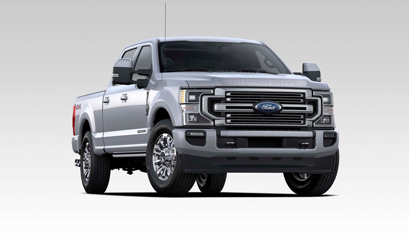 New light blue 2021 Ford Super Duty F-250 against a grey and white gradient background.