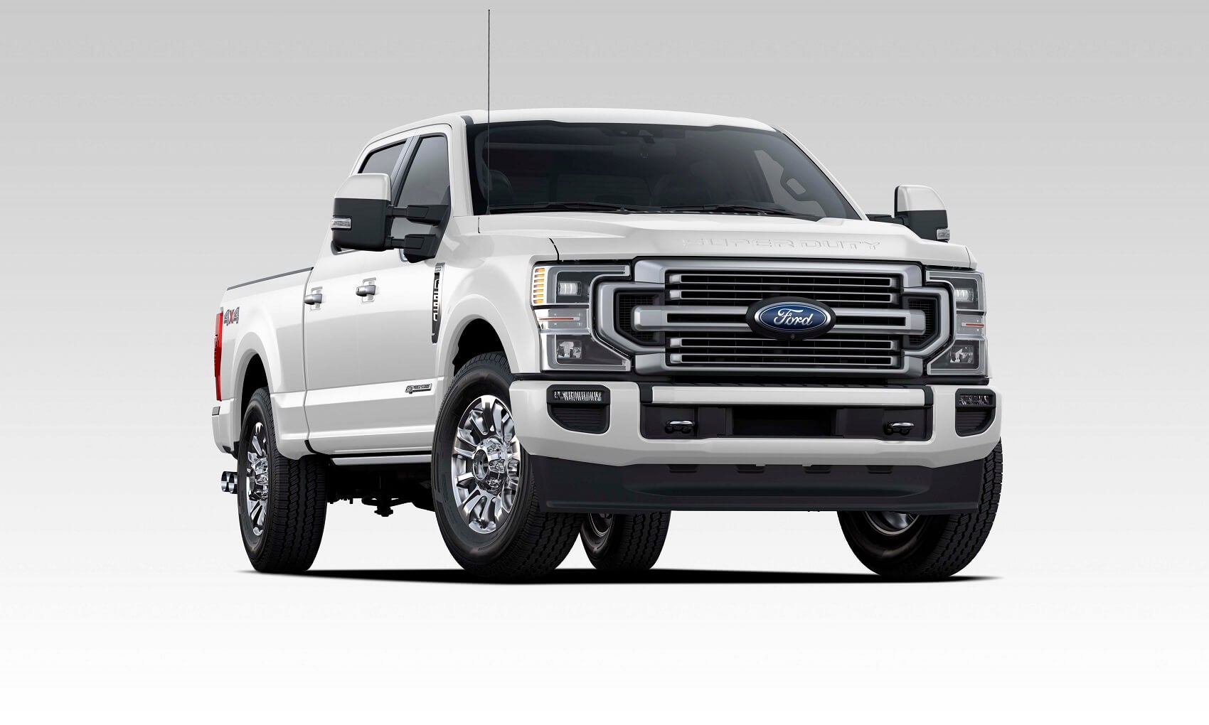 A new white 2021 Ford Super Duty F-250 against a grey and white gradient background.
