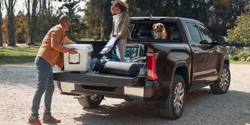 A man and child load camping gear into the bed of a brown pickup truck, a dog looks out the back window.