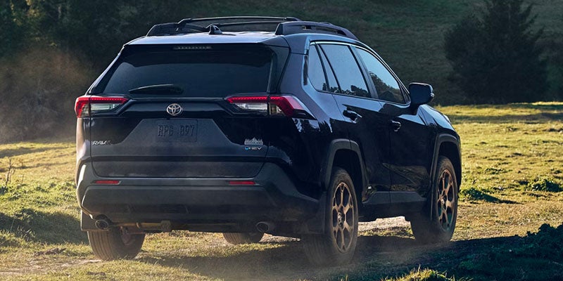 Black Toyota RAV4 SUV with roof rack and tinted windows, viewed from the rear on a dirt path in a grassy field.