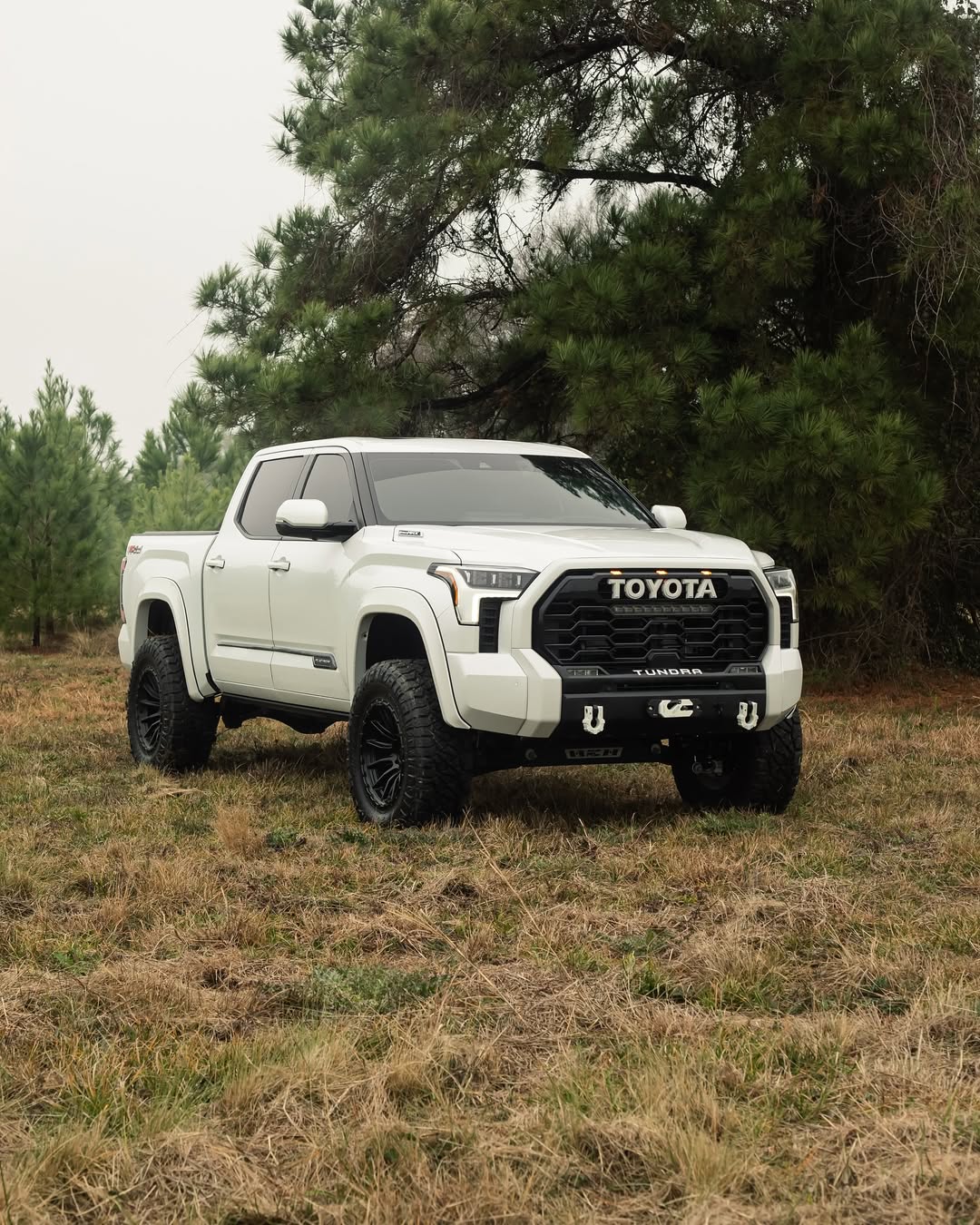 A white Toyota Tundra in a field
