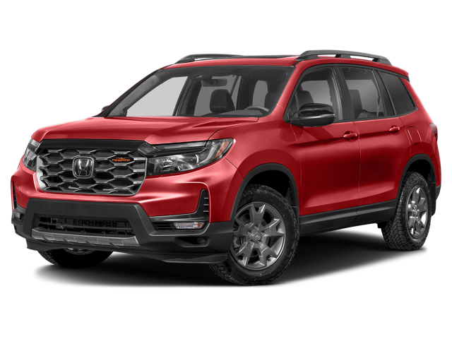 An all-new Radiant Red Metallic 2024 Honda Passport in front of a white back drop. - Boyd Honda Oxfrod, NC