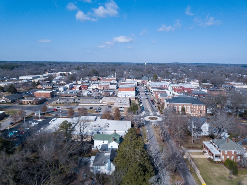 Drone shot of downtown Oxford, NC