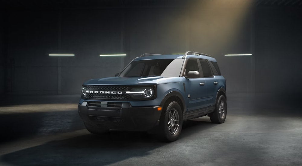 Blue 2026 Ford Bronco Sport parked in a garage.