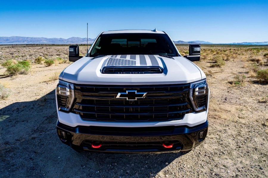 Front-facing view of the 2026 Silverado HD Stars & Steel Special Edition Close up of white Stars and Steel Chevy Silverado