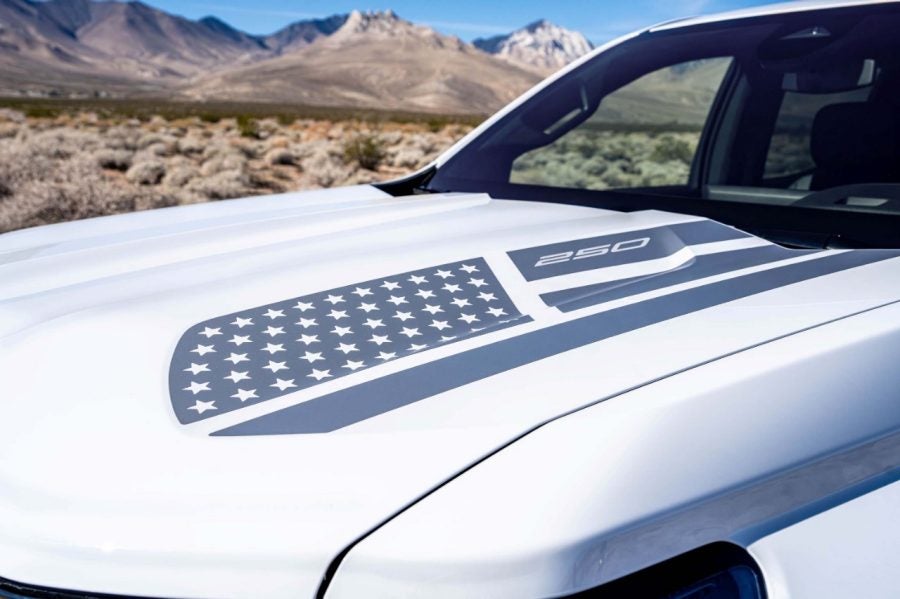 Close-up of the hood decals on the 2026 Colorado Stars & Steel Special Edition 2027 Chevrolet Corvette Stars and Steel design
