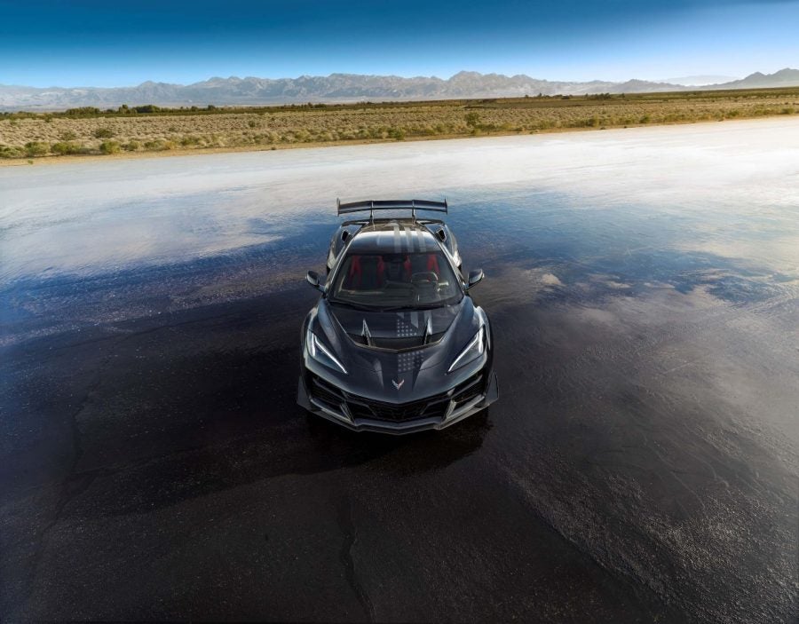 Front-facing view of the 2026 Corvette ZR1X Stars & Steel Special Edition in Black 2026 Corvette Stars & Steel Black Corvette