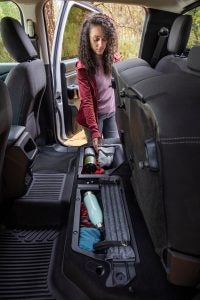 Clever Interior storage under the back seats of the Ford Ranger.