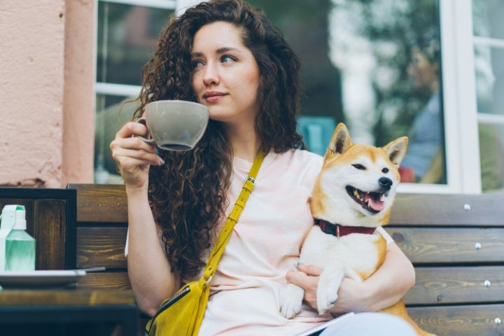 Dog and owner sitting on a bench at a cafe.