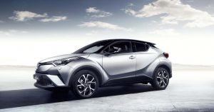 A silver 2018 Toyota C-HR Hybrid.
