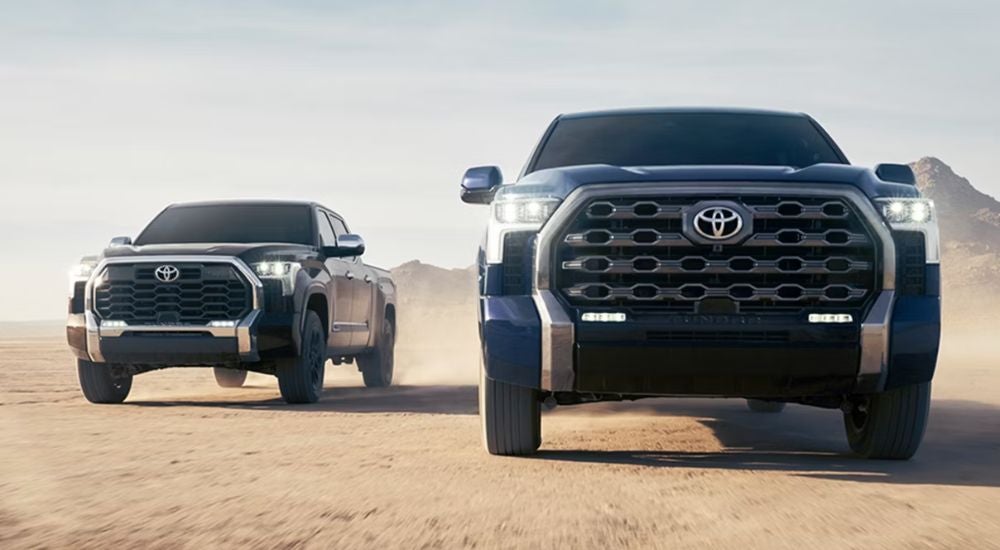 Blue 2026 Toyota Tacoma and Black 2026 Toyota Tacoma 1794 Edition parked in the sand.