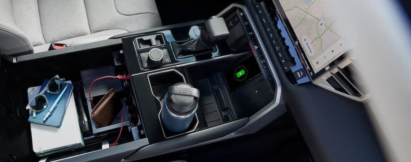 Close-up of a center console in a 2025 Toyota Tundra.