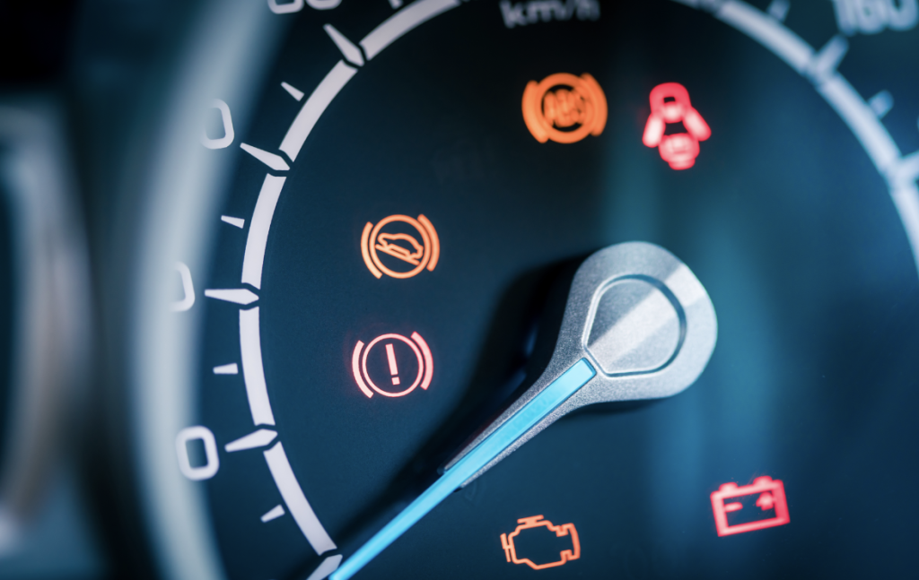 Close-up view of illuminated icons on a vehicle dashboard