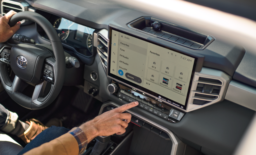 Up close view of the Toyota multimedia touchscreen and dashboard