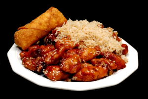 plate of sesame chicken at chinese restaurant
