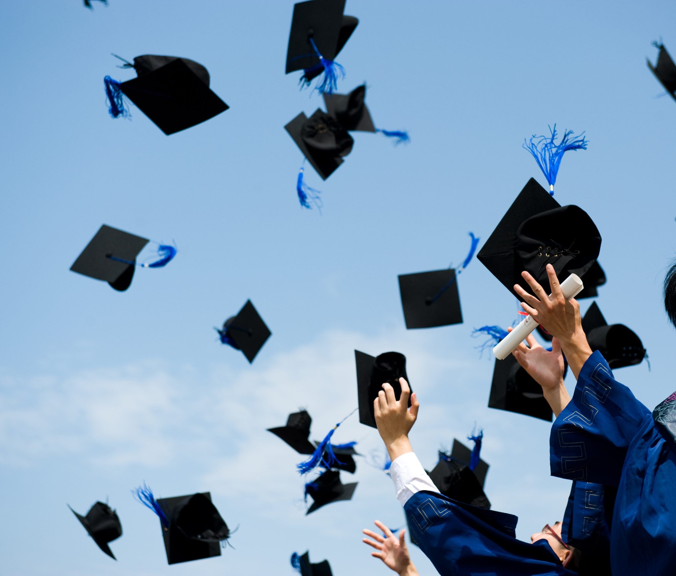 Students throwing their graduation caps into the air