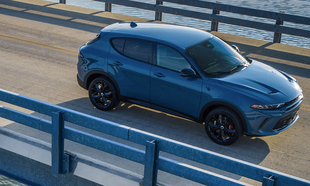 The 2023 Dodge Hornet on a bridge