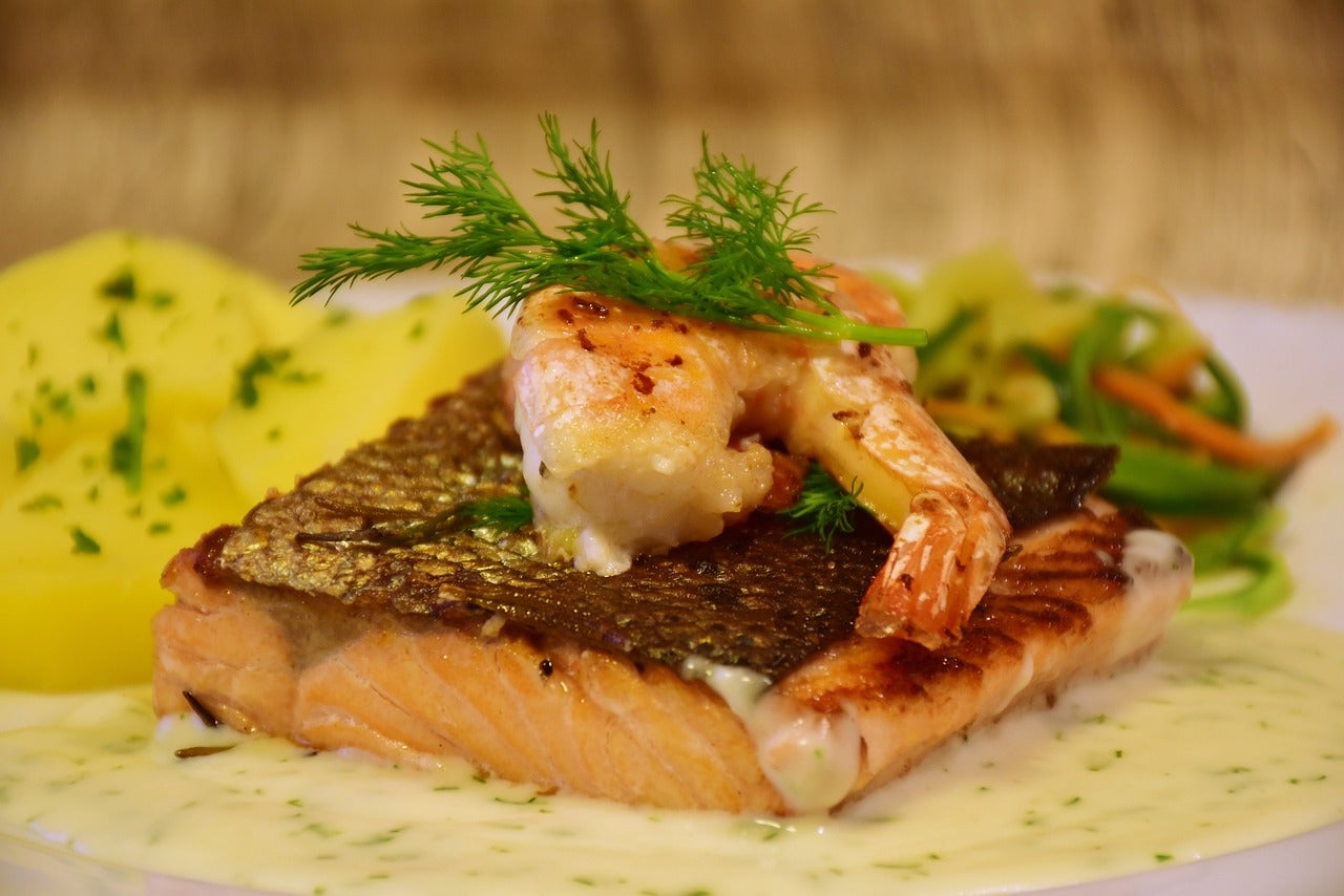 Salmon and Shrimp on a fancy plate