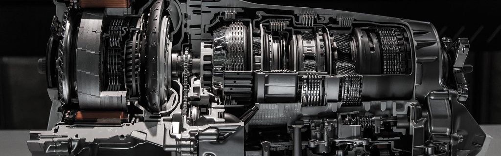 Detailed cross-section of a car transmission's internal components.