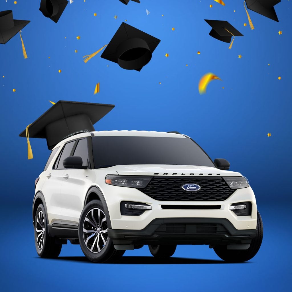 A Ford Explorer imposed on a blue background with graduation caps flying above it, making this SUV a perfect choice for your recent graduate's first car from Johnson City Ford!