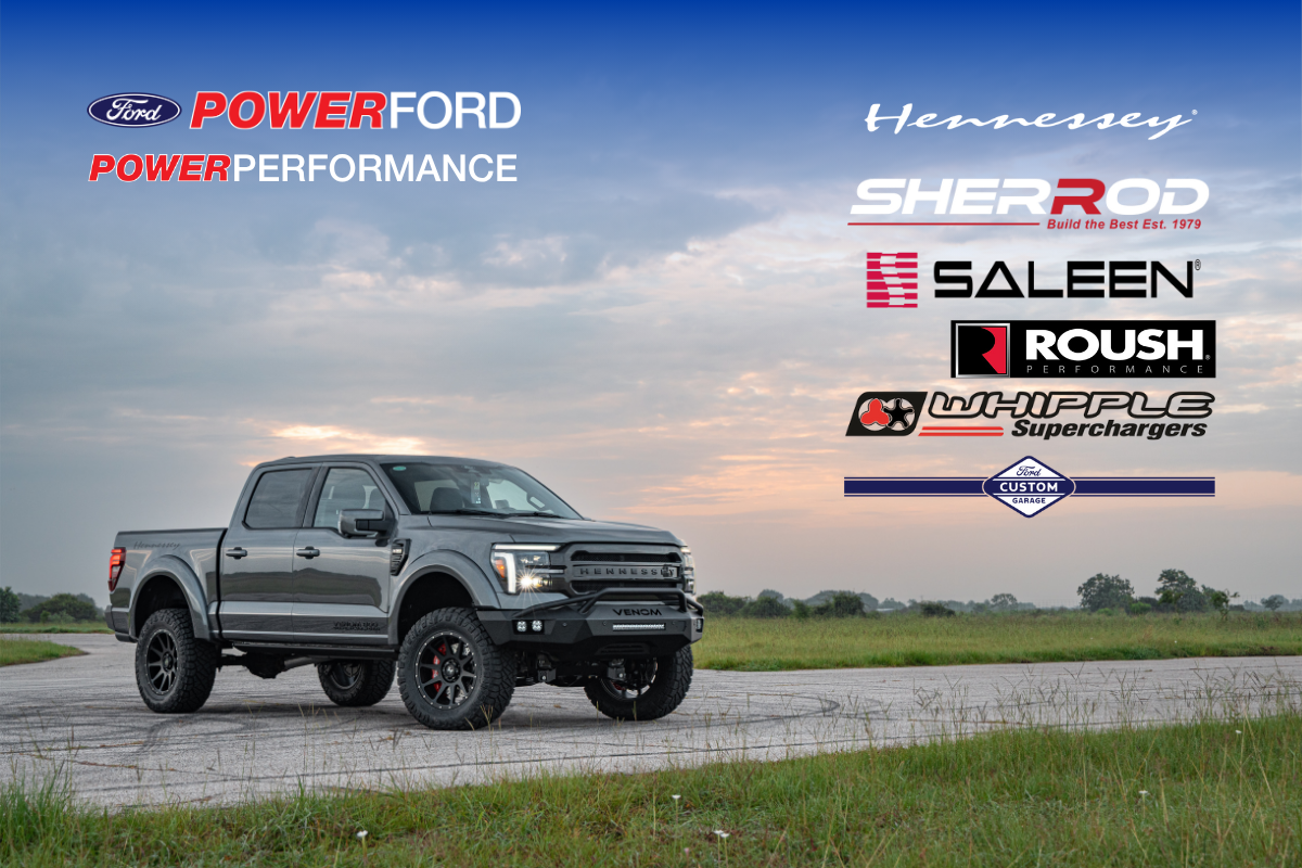 Power Ford highlights its performance partnerships with Hennessey, Sherrod, Roush, Saleen, Whipple Superchargers, and Ford Custom Garage as the Performance Headquarters of the Southwest.