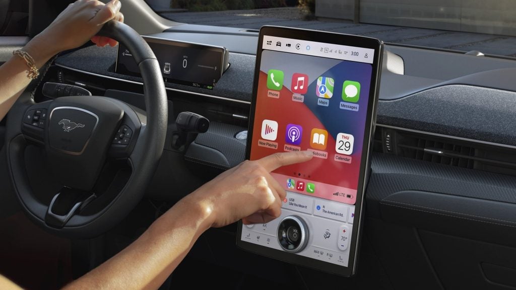 Ford Mustang Mach-E interior with 15.5-inch touchscreen and Apple CarPlay