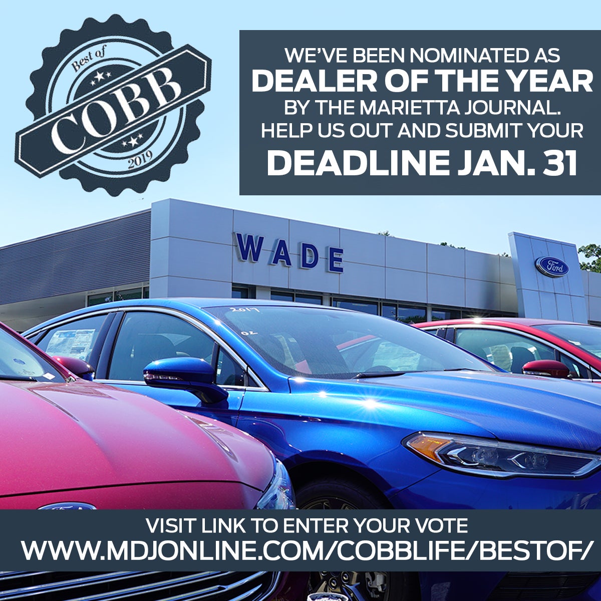 Best Auto Dealer in Cobb County Award Nomination in Smyrna, GA | Wade Ford
