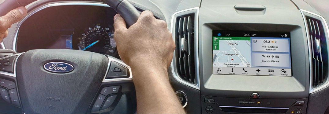 SYNC® 3 system in a Ford vehicle steering wheel and touchscreen
