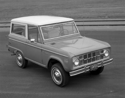 1970 Ford Bronco exterior front fascia and passenger side black and white photo