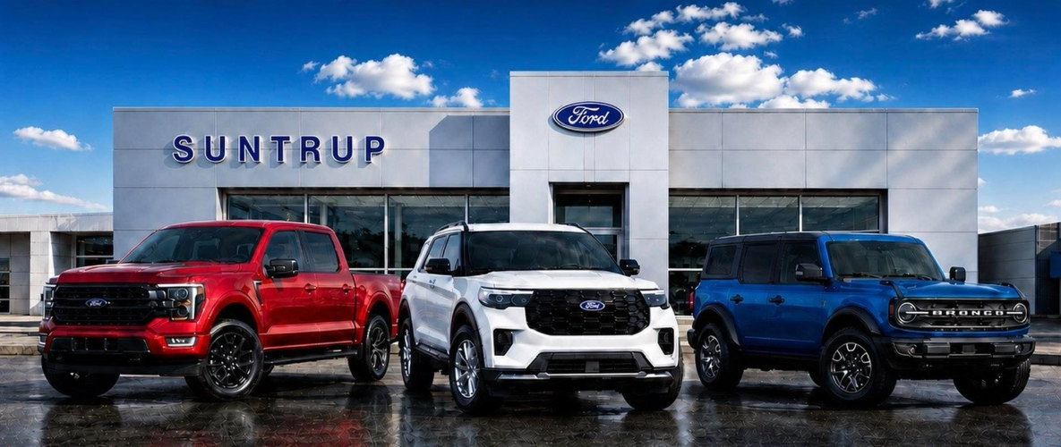 New Ford trucks and SUVs on the lot at Suntrup Ford Kirkwood in Kirkwood, MO near St. Louis