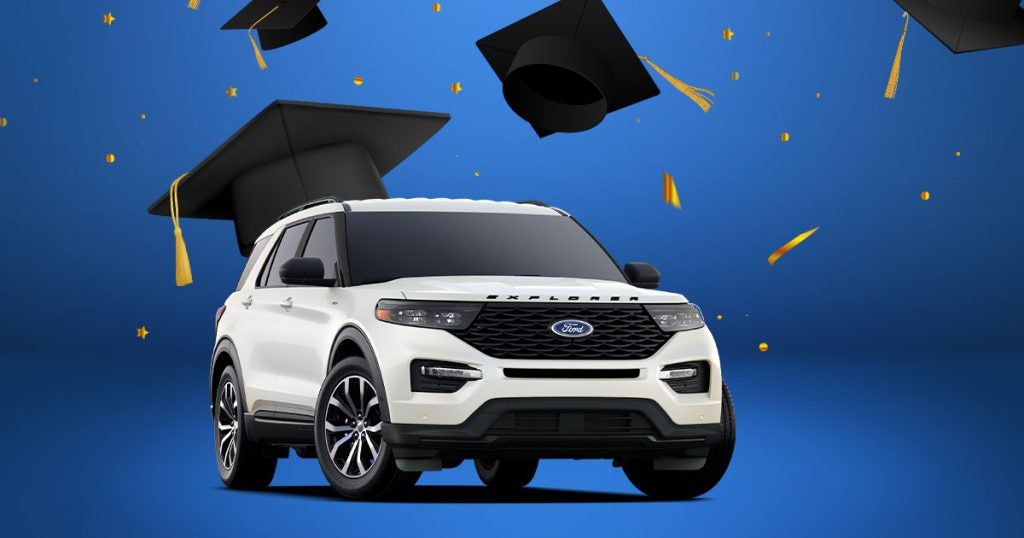 A Ford Explorer overlaid onto a blue background with graduation caps tossed above it, making this Ford SUV the perfect first car for your graduate. Find your Ford Escape at Summerville Ford in North Charleston!