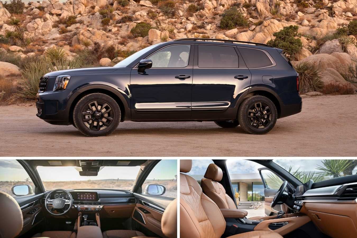 2025 Kia Telluride parked in the desert with luxury interior view