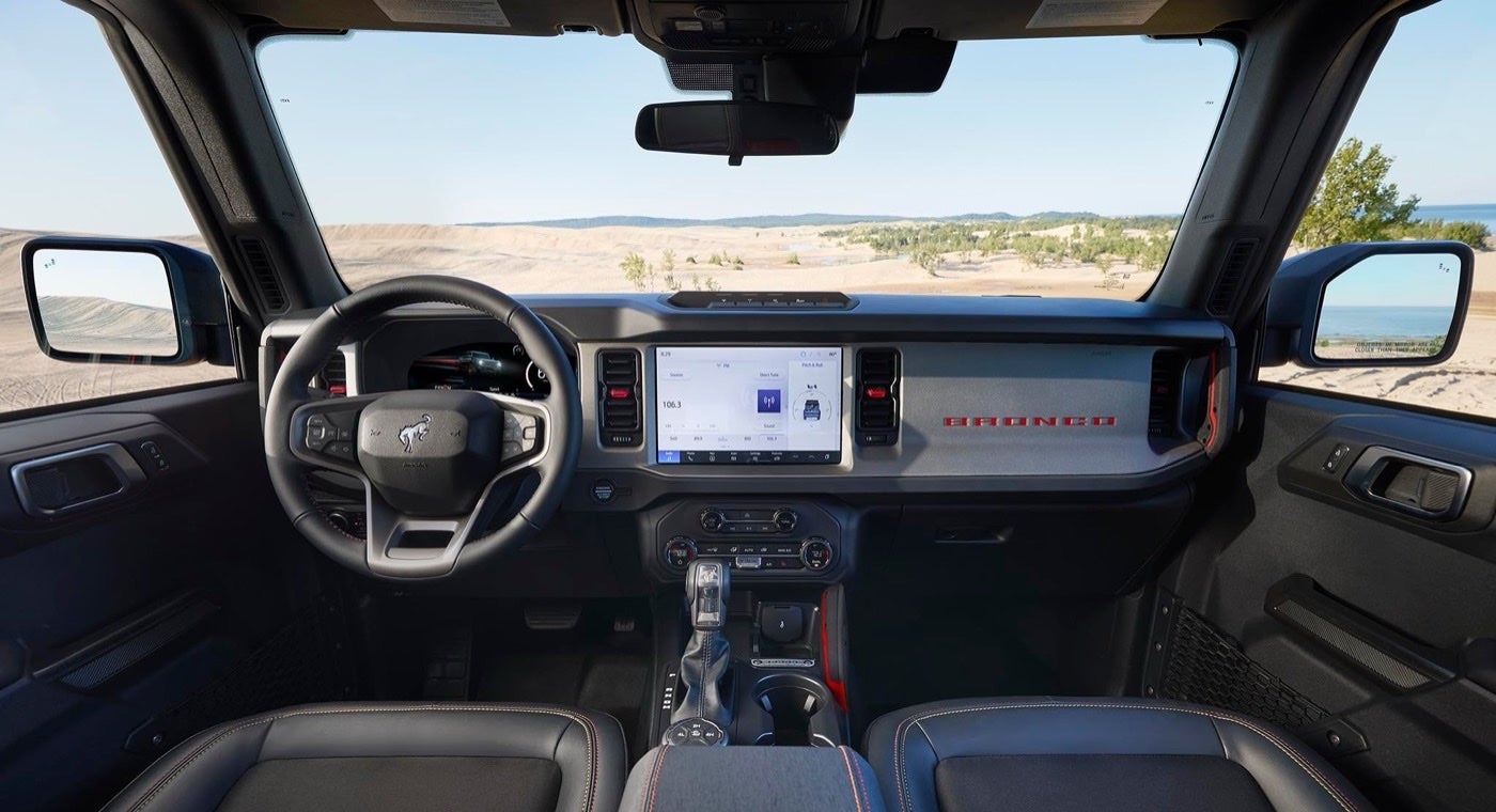 Dashboard of a Ford Bronco showing the 12 inch touchscreen
