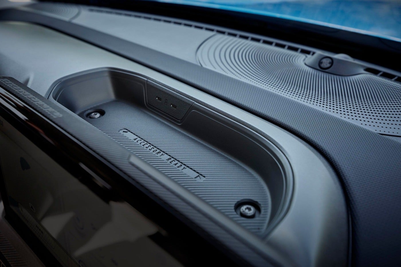 Device tray and display on the dashboard of a Ford Bronco Sport