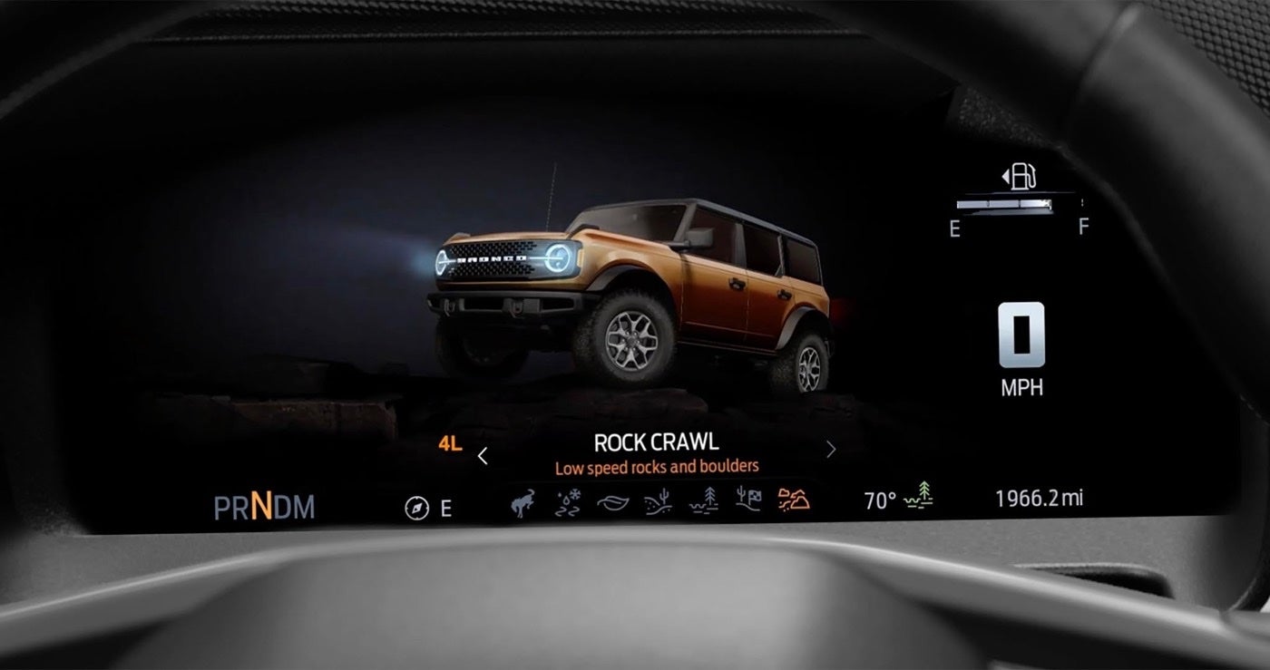 Digital cluster in a Ford Bronco showing drive mode selection