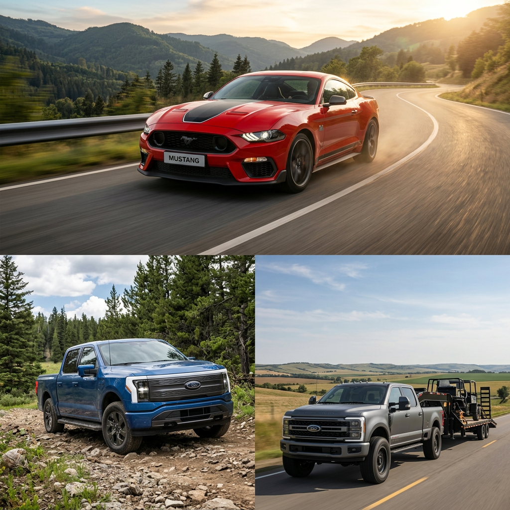 Red Mustang sports car and two Ford pickup trucks in outdoor settings. (Representative image for illustration purposes only. Actual vehicle may vary based on trim and configuration.)
