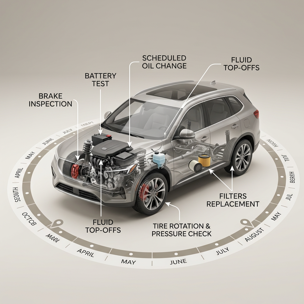 An illustrative diagram of a car with transparent cutaways showing internal parts and key maintenance tasks. (Representative image for illustration purposes only. Actual vehicle may vary based on trim and configuration.)