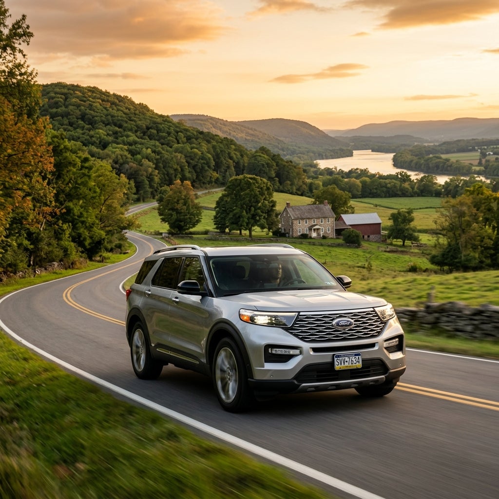 AI generated: A pristine 2026 Ford Explorer in metallic silver, cruising gracefully along a winding rural road in the Susquehanna River Valley of Pennsylvania, background featuring rolling green hills and a traditional historic stone farmhouse, golden hour lighting with warm amber sunlight reflectin