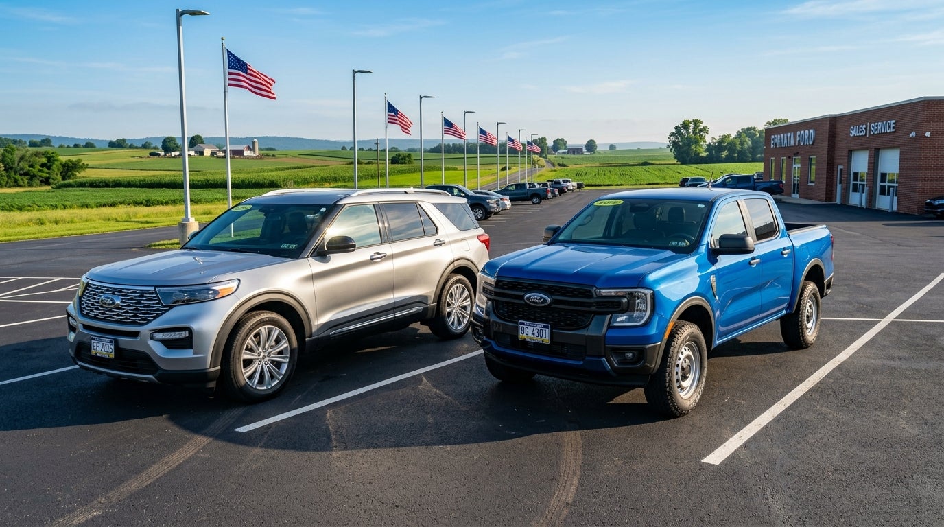 AI generated: Modern 2025 Ford Explorer and a rugged Ford Ranger XL parked on the asphalt lot of a local dealership in Ephrata, Pennsylvania, clear blue early summer sky, bright morning sunlight, shimmering reflections on the polished silver and iconic blue paint, lush green rolling hills and distan
