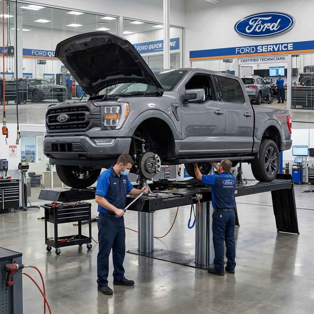 AI generated: Modern Ford F-150 pickup truck being serviced in a nice ford center