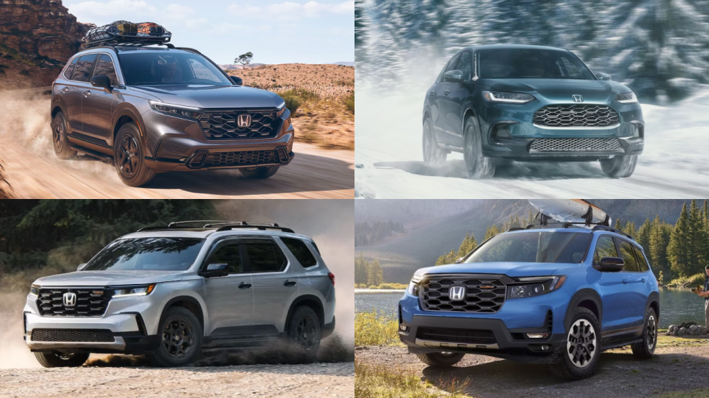 Team Honda 2024 lineup guide, featuring the HR-V, CR-V, CR-V Hybrid, Passport, and Pilot. 