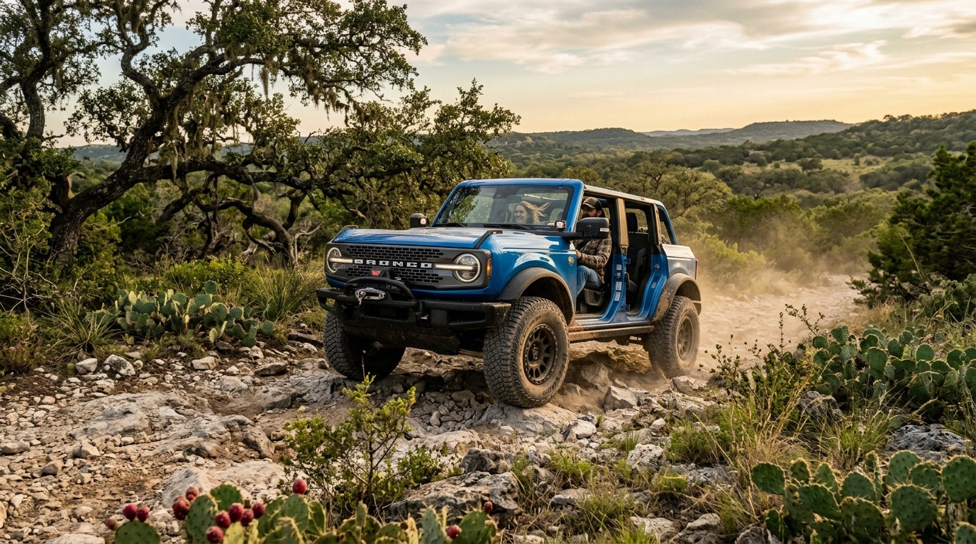 Blue Ford Bronco with doors off navigating a rocky trail at sunset.