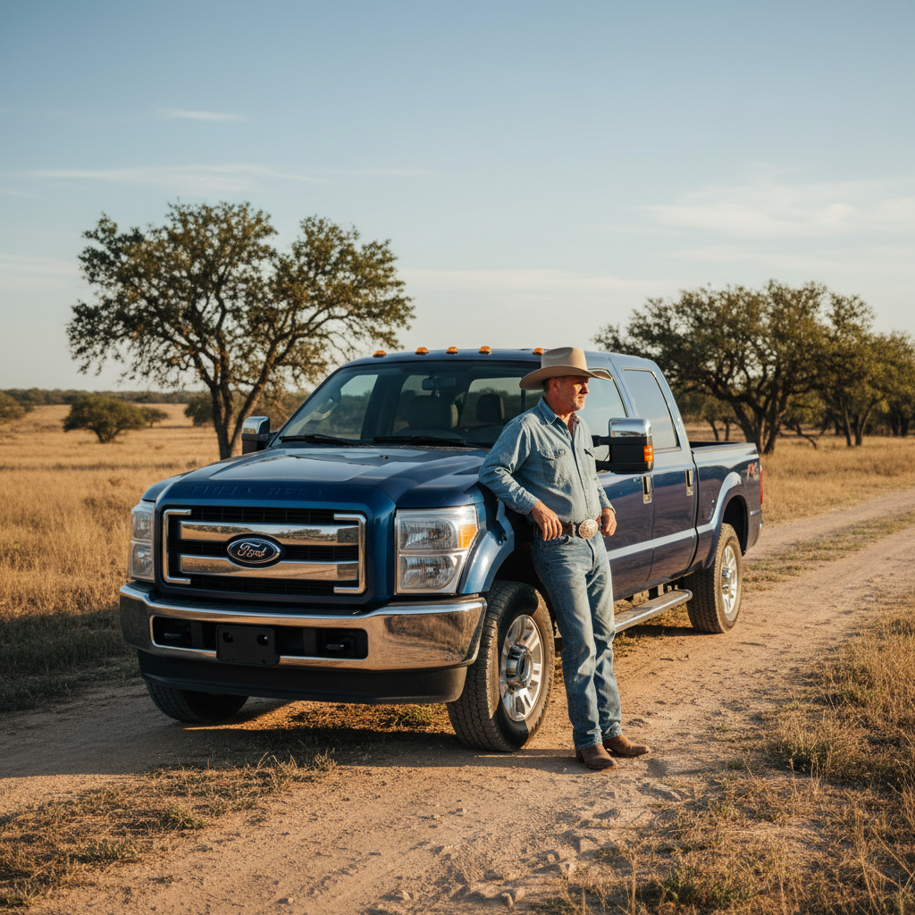Cowboy in hat leans against blue Ford pickup truck in field.