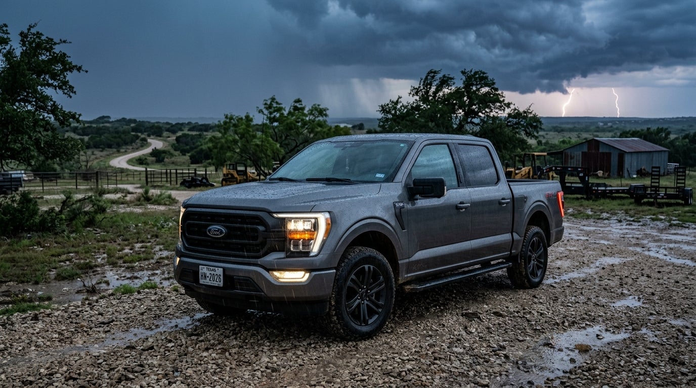 Grey Ford F-150 pickup truck parked on a muddy gravel road under a dramatic storm with lightning.